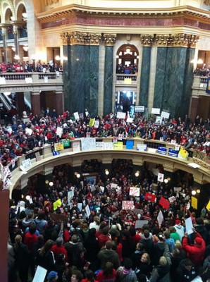 Thousands gather inside Madison Wisconsin's capitol rotunda to protest Governor Walker's bill on February 16, 2011.