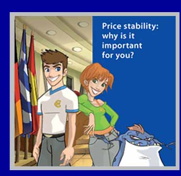 Cartoon drawing of two Euro youths standing next to European Central Bank's inflation monster