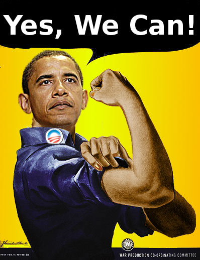 Poster of Obama flexing bicep: Yes, We Can!