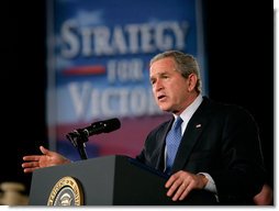 President Bush speaking at podium on November 11, 2005