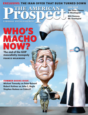 Drawing of George Bush and a drooping missile on front cover of The American Prospect, June 2006